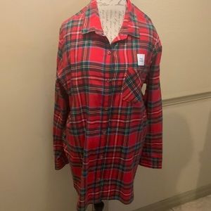 Tunic Length Plaid Flannel Button Down Shirt